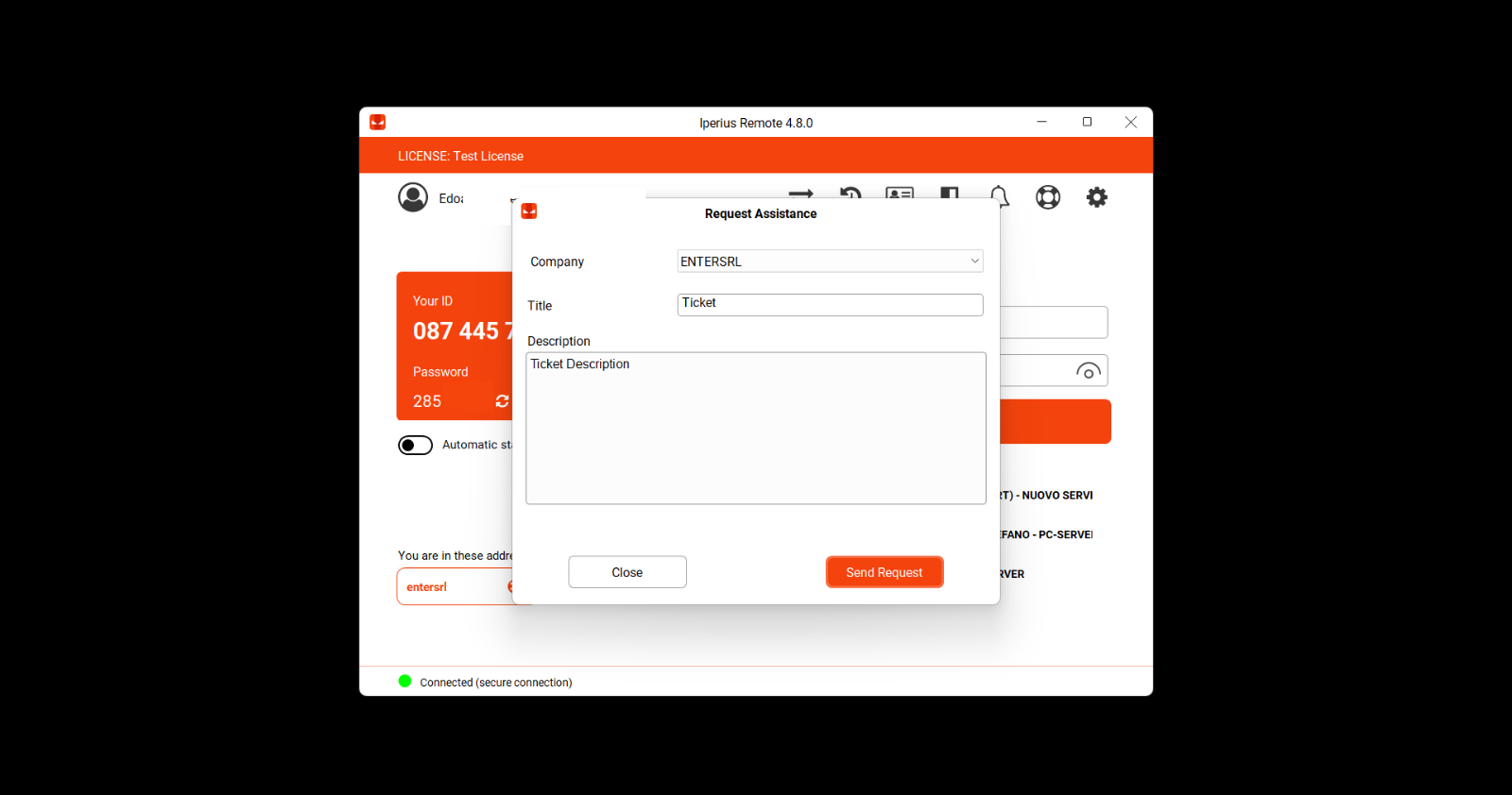 Supportanfrage mit Titel und Beschreibung in Iperius Remote abgeschlossen